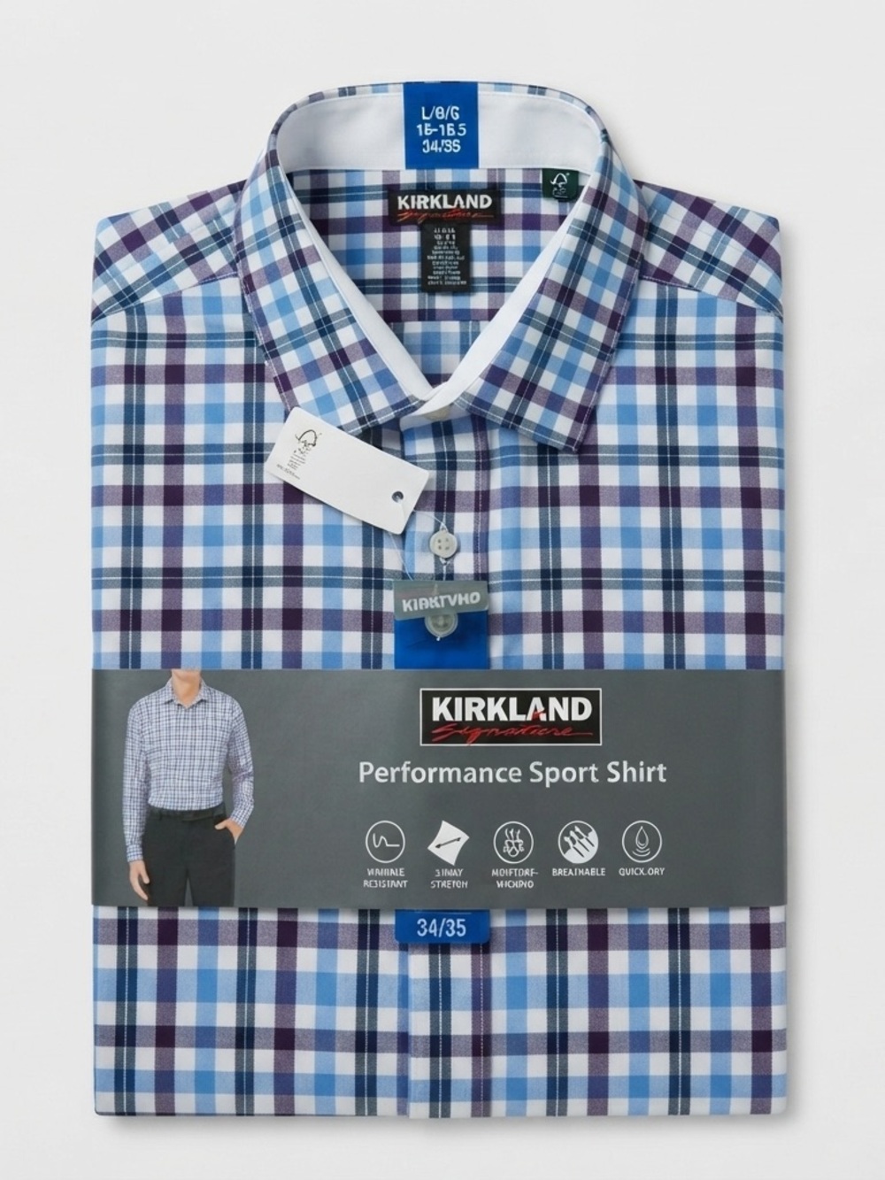 Kirkland Signature Men's Blue and Purple Plaid Button-Down Shirt LG